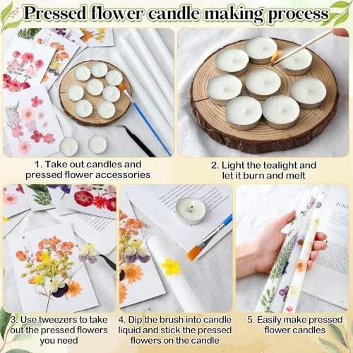 MTLEE 30 Pcs Pressed Flower Candles Making Kit Include 12 White Taper Candles 10 White Tealight Candles 6 Set Dried Pressed Flowers with Tweezers Brush for DIY Candles Birthday Wedding Party Favors