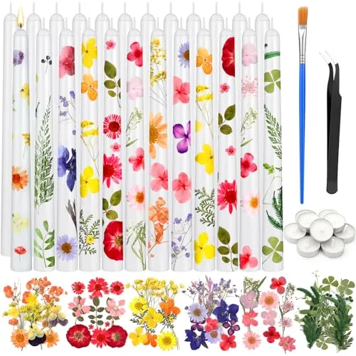 MTLEE 30 Pcs Pressed Flower Candles Making Kit Include 12 White Taper Candles 10 White Tealight Candles 6 Set Dried Pressed Flowers with Tweezers Brush for DIY Candles Birthday Wedding Party Favors