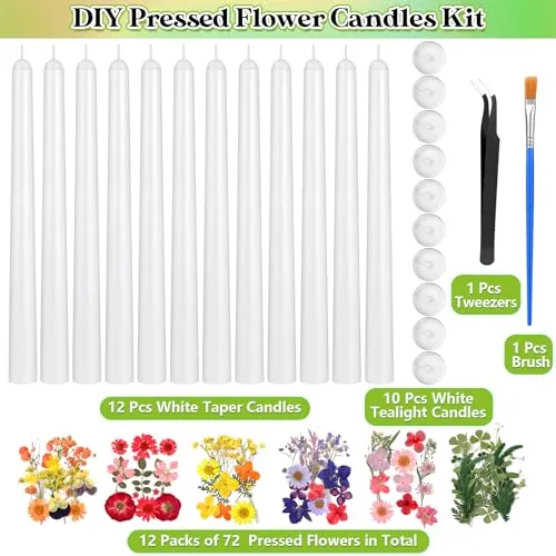 MTLEE 30 Pcs Pressed Flower Candles Making Kit Include 12 White Taper Candles 10 White Tealight Candles 6 Set Dried Pressed Flowers with Tweezers Brush for DIY Candles Birthday Wedding Party Favors