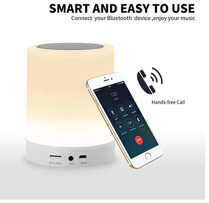 Night Light Bluetooth Speaker, Portable Wireless Bluetooth Speakers, Touch Control, Color LED Speaker, Bedside Table Light, Speakerphone/TF Card/AUX-in Supported (White)