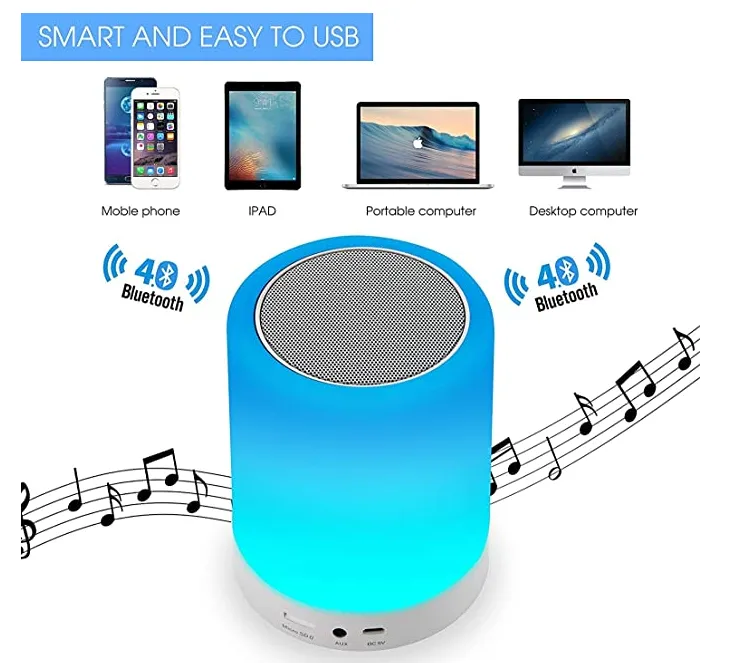 Night Light Bluetooth Speaker, Portable Wireless Bluetooth Speakers, Touch Control, Color LED Speaker, Bedside Table Light, Speakerphone/TF Card/AUX-in Supported (White)