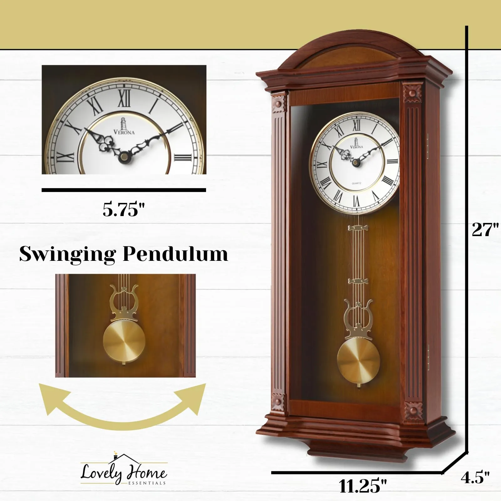 Pendulum Wall Clock Battery Operated - Large Hanging Grandfather Wall Clock with Pendulum - Quiet Wood Pendulum Clock - Wooden Wall Clock for Living Room Decor, Office & Home Décor Gift 27x11