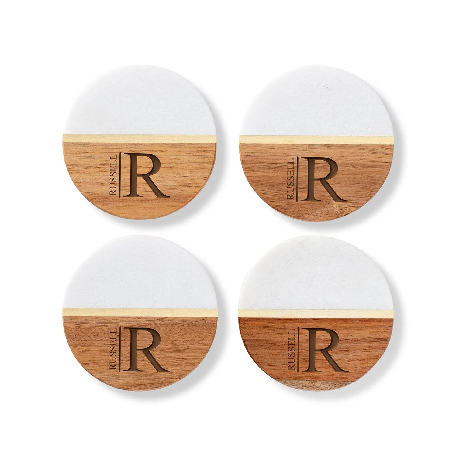 Personalized Marble and Acacia Coasters Set of 4