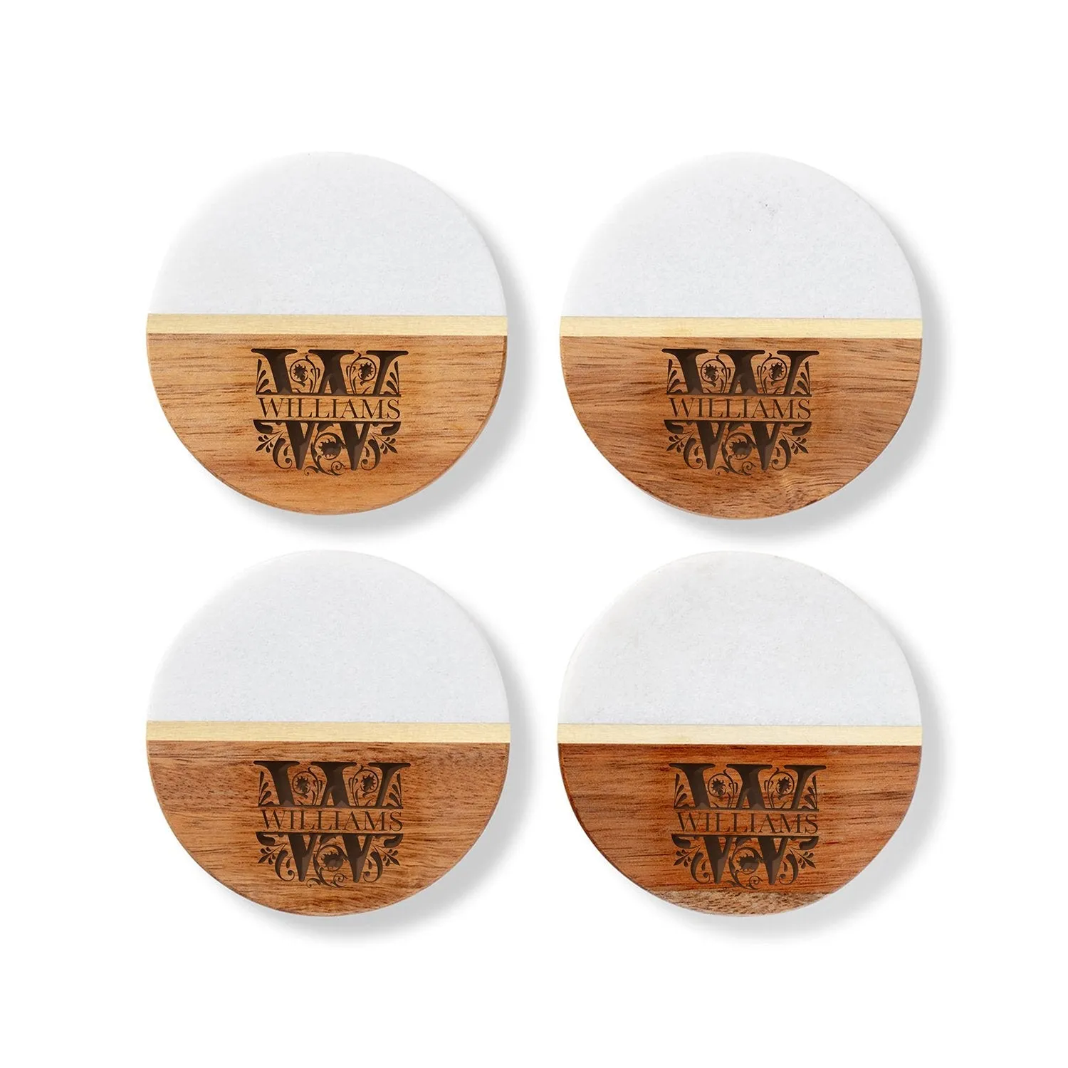 Personalized Marble and Acacia Coasters Set of 4