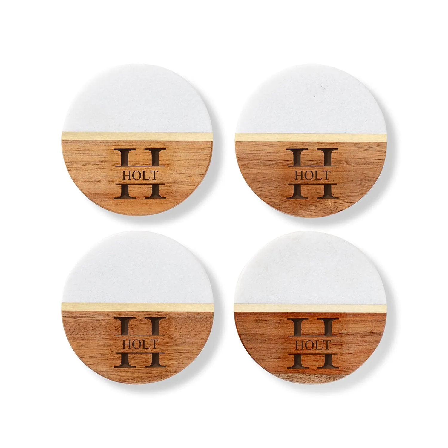 Personalized Marble and Acacia Coasters Set of 4