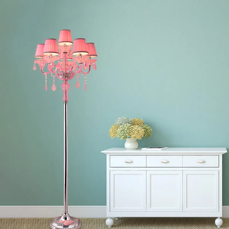 Pleated Lampshade Crystal Pink Floor Reading Lamp with Traditional Candlestick Design - 5/6/7-Head Standing Light