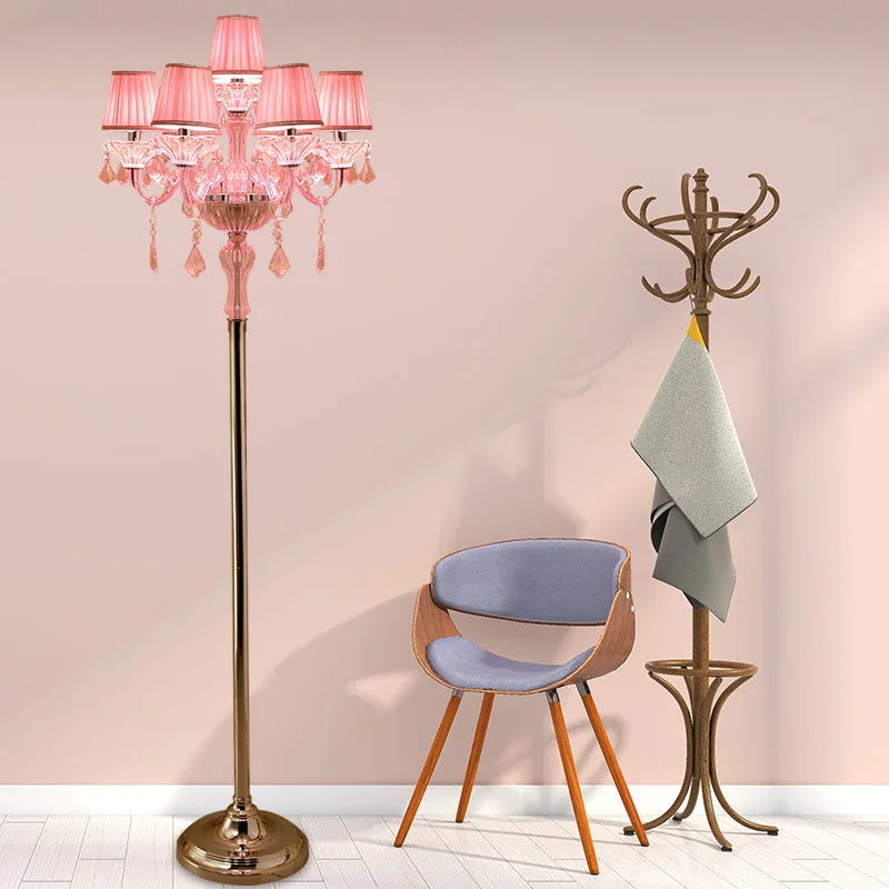 Pleated Lampshade Crystal Pink Floor Reading Lamp with Traditional Candlestick Design - 5/6/7-Head Standing Light