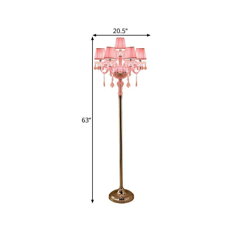 Pleated Lampshade Crystal Pink Floor Reading Lamp with Traditional Candlestick Design - 5/6/7-Head Standing Light