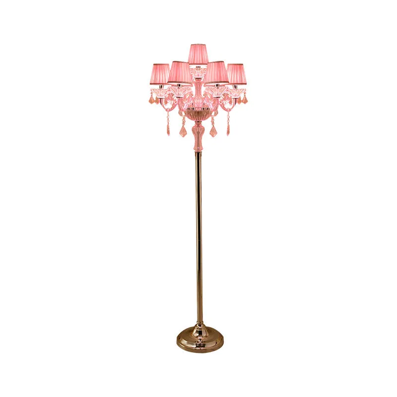 Pleated Lampshade Crystal Pink Floor Reading Lamp with Traditional Candlestick Design - 5/6/7-Head Standing Light