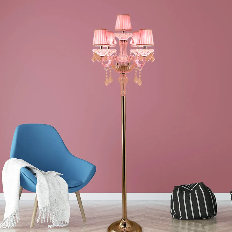 Pleated Lampshade Crystal Pink Floor Reading Lamp with Traditional Candlestick Design - 5/6/7-Head Standing Light