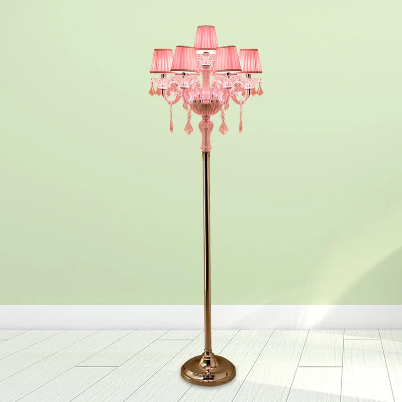 Pleated Lampshade Crystal Pink Floor Reading Lamp with Traditional Candlestick Design - 5/6/7-Head Standing Light