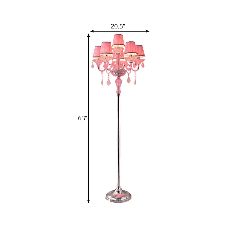 Pleated Lampshade Crystal Pink Floor Reading Lamp with Traditional Candlestick Design - 5/6/7-Head Standing Light