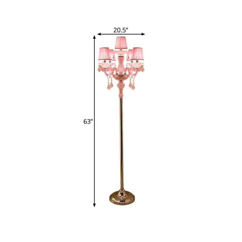 Pleated Lampshade Crystal Pink Floor Reading Lamp with Traditional Candlestick Design - 5/6/7-Head Standing Light