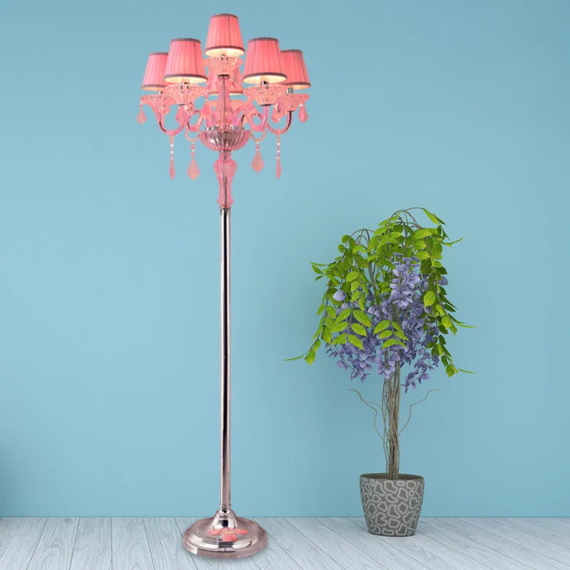 Pleated Lampshade Crystal Pink Floor Reading Lamp with Traditional Candlestick Design - 5/6/7-Head Standing Light