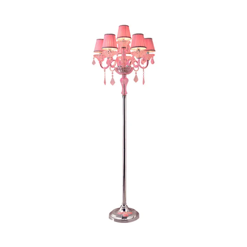 Pleated Lampshade Crystal Pink Floor Reading Lamp with Traditional Candlestick Design - 5/6/7-Head Standing Light