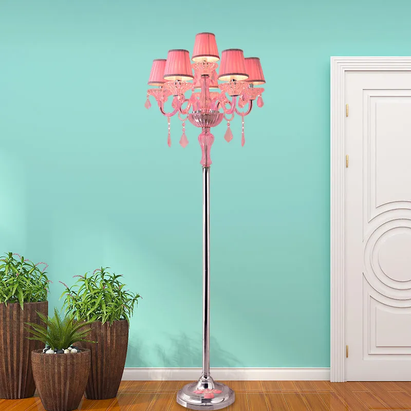 Pleated Lampshade Crystal Pink Floor Reading Lamp with Traditional Candlestick Design - 5/6/7-Head Standing Light