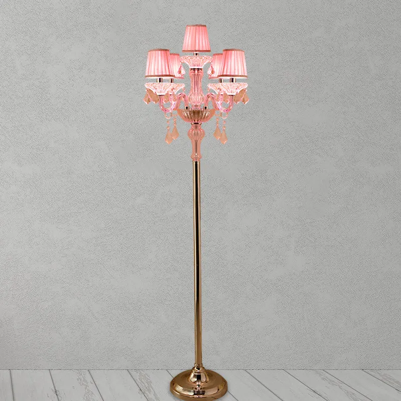 Pleated Lampshade Crystal Pink Floor Reading Lamp with Traditional Candlestick Design - 5/6/7-Head Standing Light