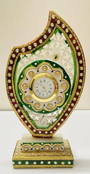 RAHI Creations Decorative White Marble Table Clock | Home Decor, Office Decor, Gift Item | Handcrafted and Handpainted with Stone Work | 15cm * 15cm * 18cm | Trophy Shape with Mesh Pattern