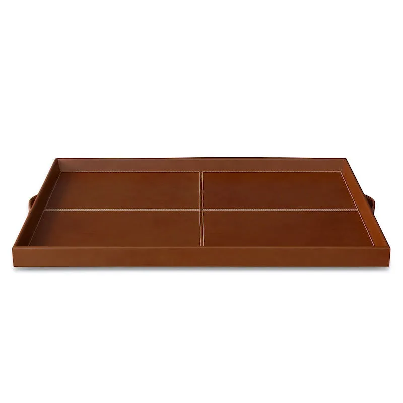 Rectangular Leather Stitched Tray in Navy and Cognac