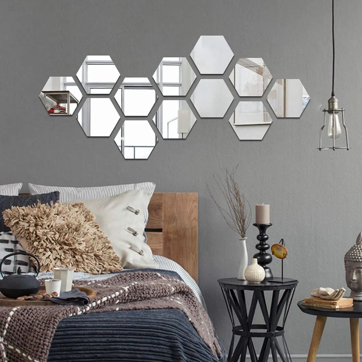 RIVIOX Wall Mirror Sticker Hexagon Mirror Wall Sticker 12 PCs Removable Acrylic Mirror Wall Sticker Decal Honeycomb Mirror for Home Living Room Bedroom Decor