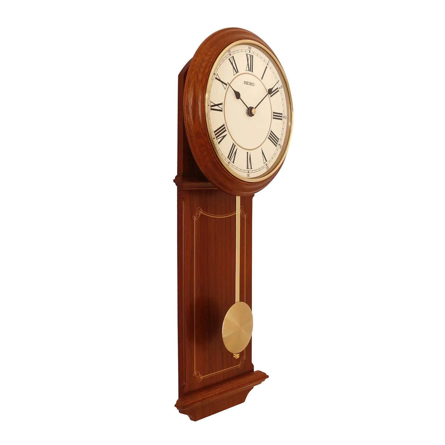 SEIKO Decorative Vertical Brown Wooden Analog Roman Figure Pendulum Wall Clock (Size: 21.5 x 7.5 x 52 CM | Weight: 1150 gram) QXC213BN