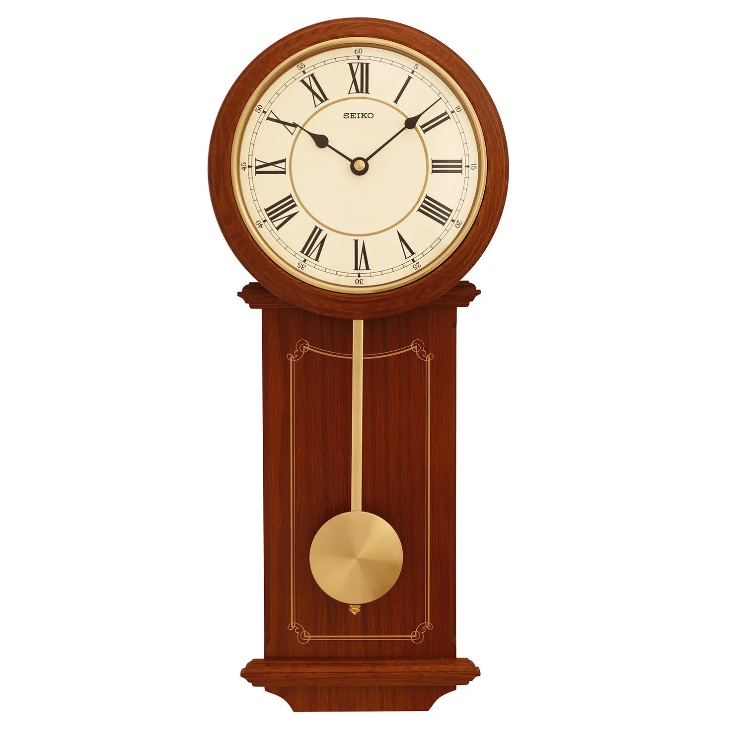 SEIKO Decorative Vertical Brown Wooden Analog Roman Figure Pendulum Wall Clock (Size: 21.5 x 7.5 x 52 CM | Weight: 1150 gram) QXC213BN