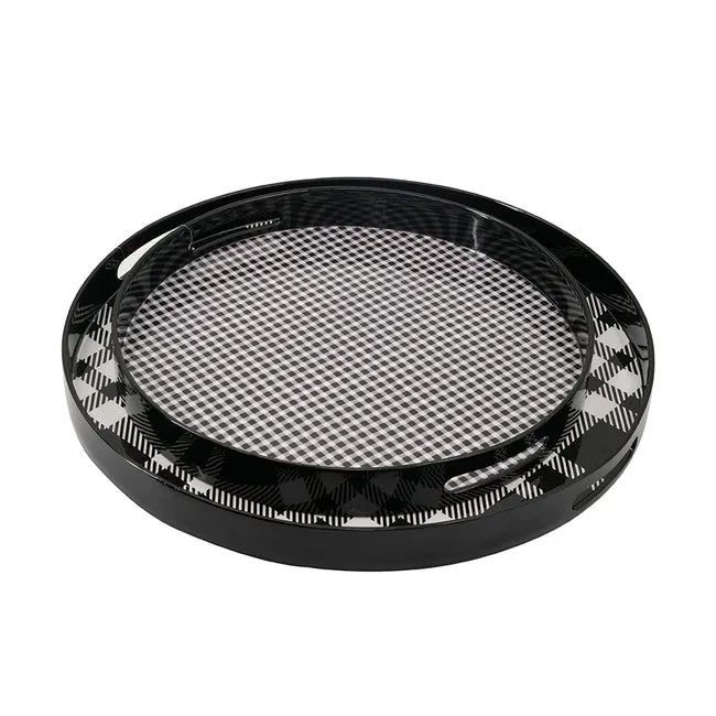 Set of 2 black and grey plaid motif round trays