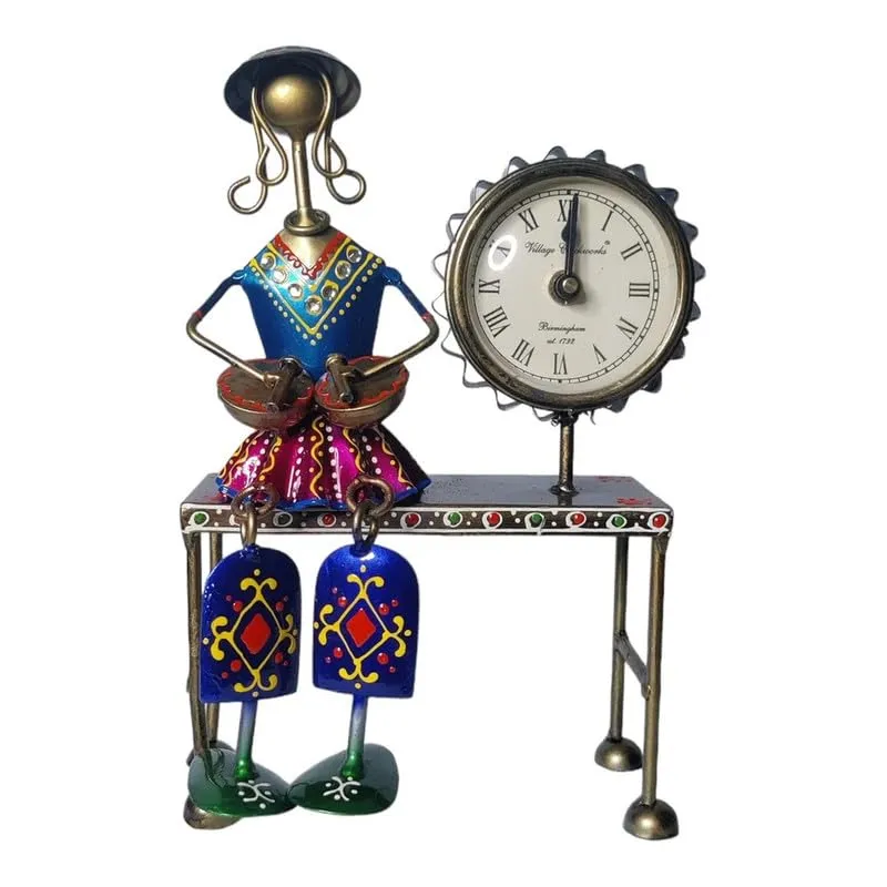 SGB Stars Gifts Basket Musician Lady with Table Clock Decorative Table/Desk Clock with Beautiful Musician Lady Sitting on The Table(Metal) Decorative Showpiece