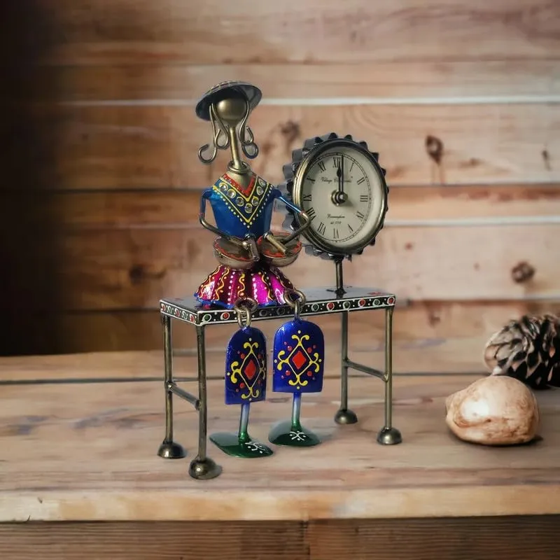 SGB Stars Gifts Basket Musician Lady with Table Clock Decorative Table/Desk Clock with Beautiful Musician Lady Sitting on The Table(Metal) Decorative Showpiece