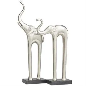 Silver Aluminum Elephant Tall Slim Sculpture with Black Marble Base - Set of 2 24",18"H