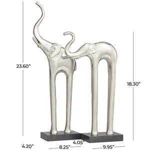 Silver Aluminum Elephant Tall Slim Sculpture with Black Marble Base - Set of 2 24",18"H