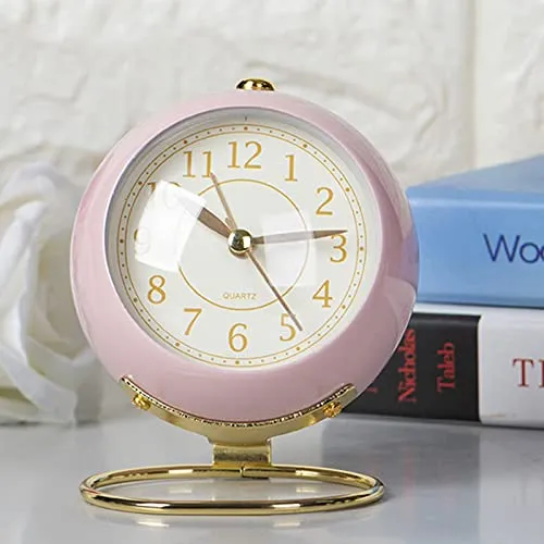 Small Table Clocks, Classic Non-Ticking Tabletop Alarm Clock Battery Operated Desk Decor Clock with Night Light for Bedroom Living Room Kitchen Indoor Decor (Pink)