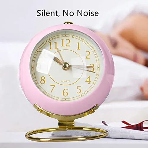 Small Table Clocks, Classic Non-Ticking Tabletop Alarm Clock Battery Operated Desk Decor Clock with Night Light for Bedroom Living Room Kitchen Indoor Decor (Pink)