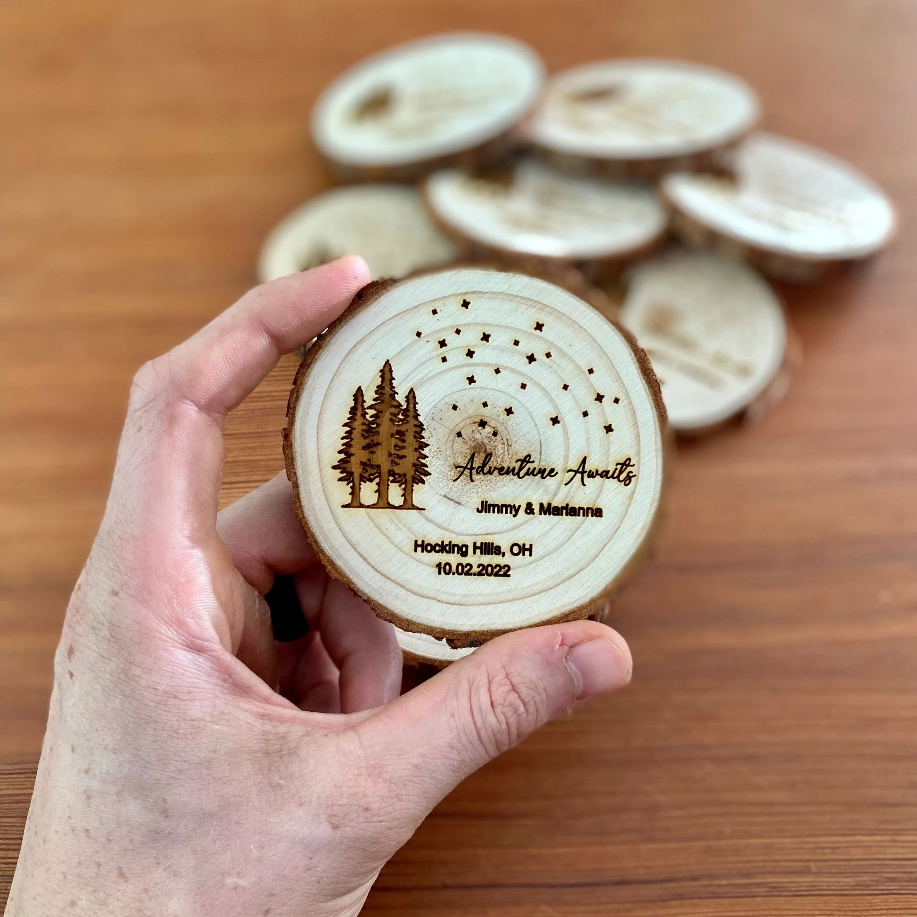 Star & Tree Wood Slice Wedding Favors