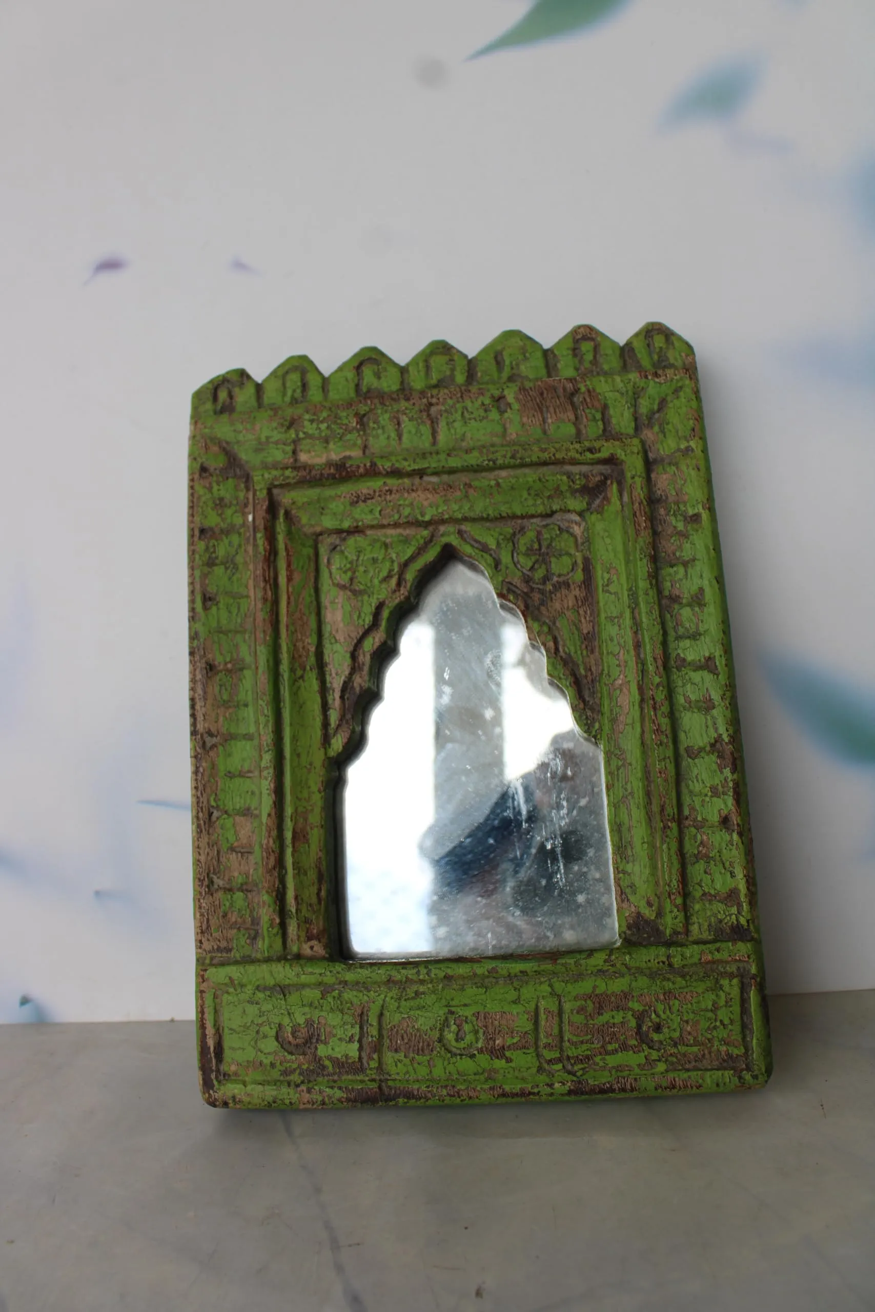 The Rustic Journey Wooden Old Handmade, Arched, Wooden, Natural Antique Finish Mirror in Distressed Green Rustic Finish