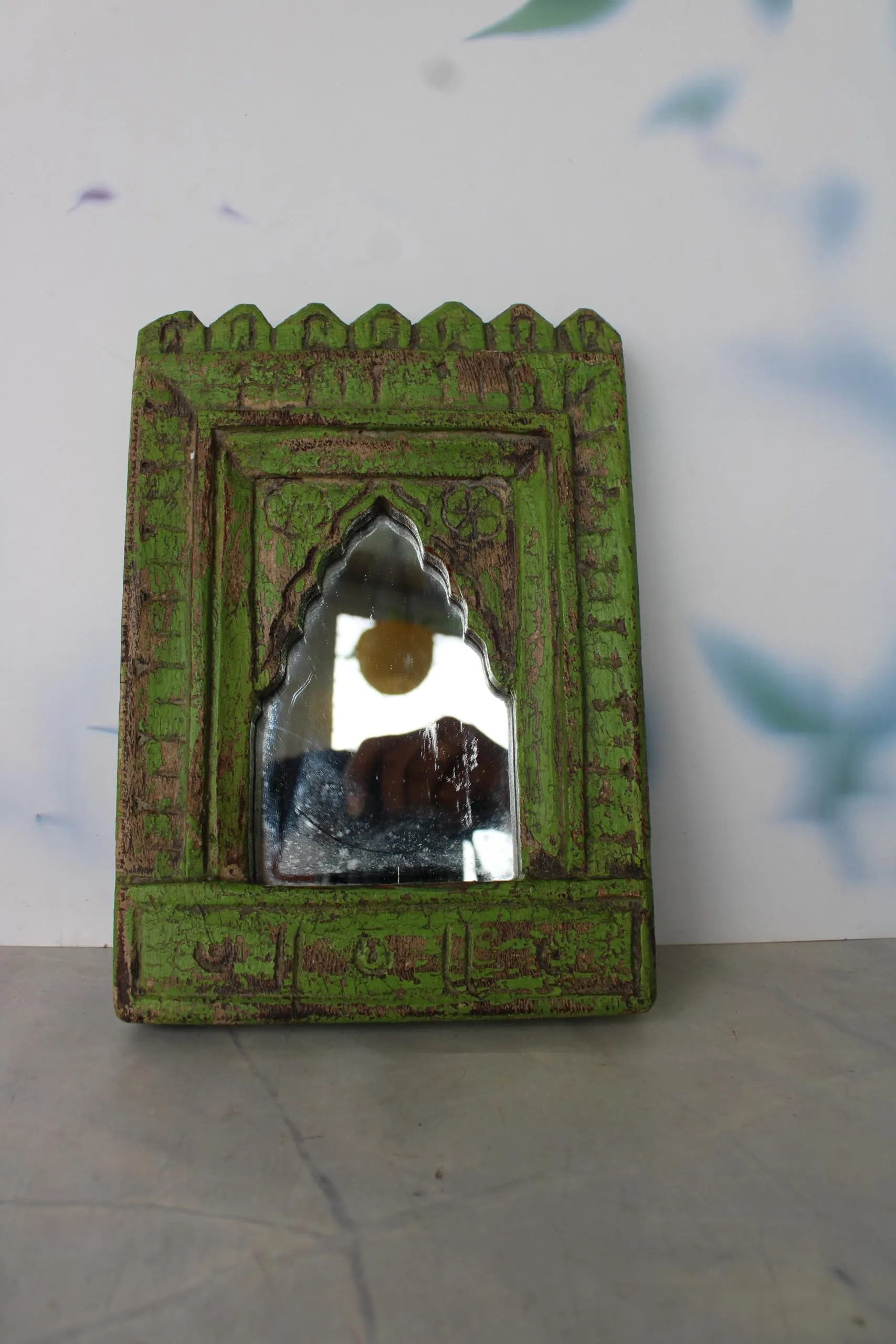 The Rustic Journey Wooden Old Handmade, Arched, Wooden, Natural Antique Finish Mirror in Distressed Green Rustic Finish