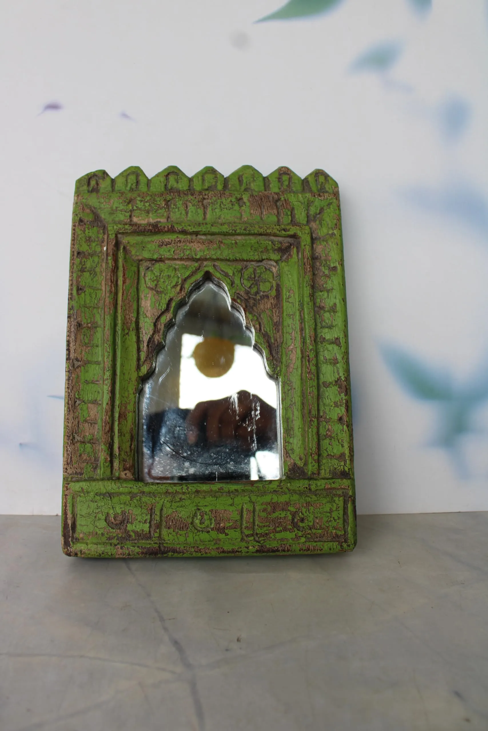 The Rustic Journey Wooden Old Handmade, Arched, Wooden, Natural Antique Finish Mirror in Distressed Green Rustic Finish