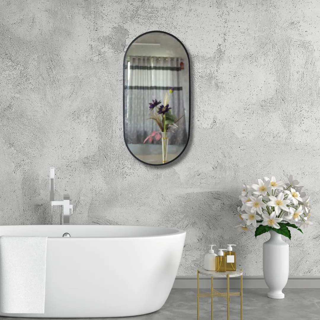 TINITALO Modern Elegance Capsule Shape Wall-Mounted Mirror Metal Framed Wall Mirror Bathroom Mirror Living Room Mirror Home Decor Mirror 24 x 48 Inches Black MF 105