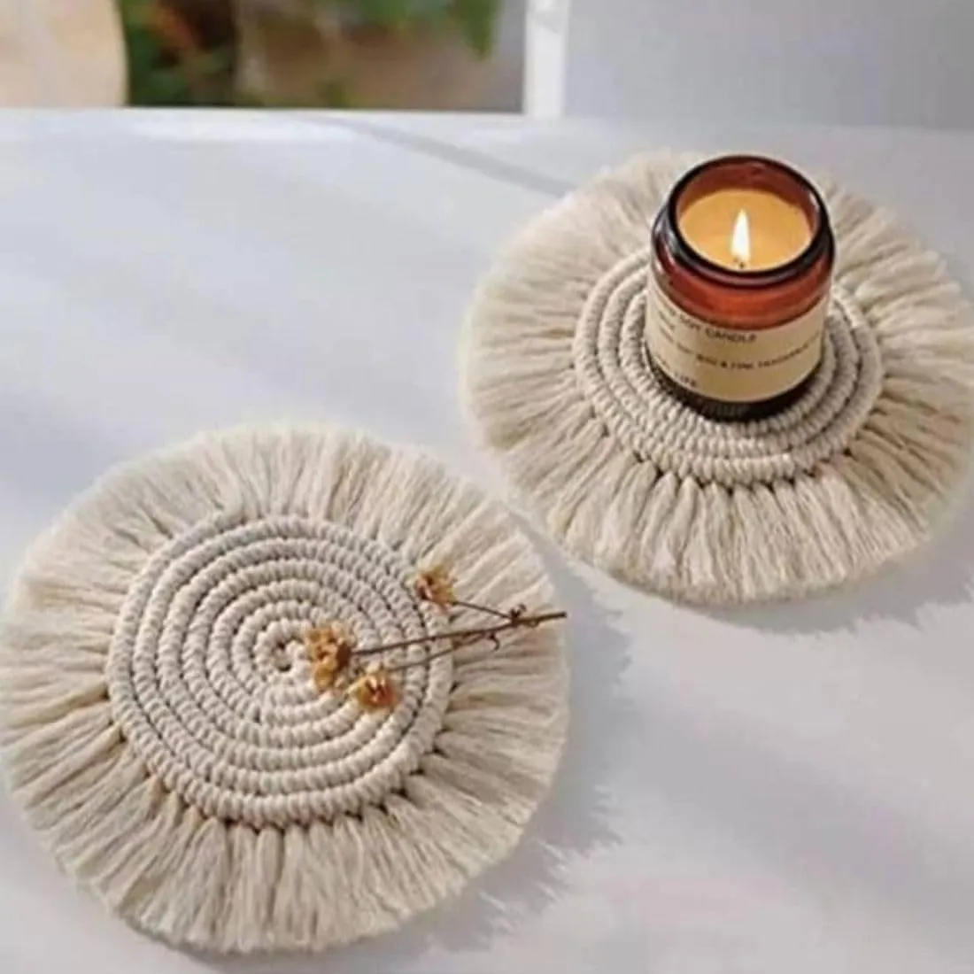 tms Cotton Boho Circle Macramã© Coaster With Fringe, Off-White, 15.24 Cm Diameter, Handcrafted, Decorative Drink Coasters, Natural Fibers, Table Decor Accessories 2 Piece