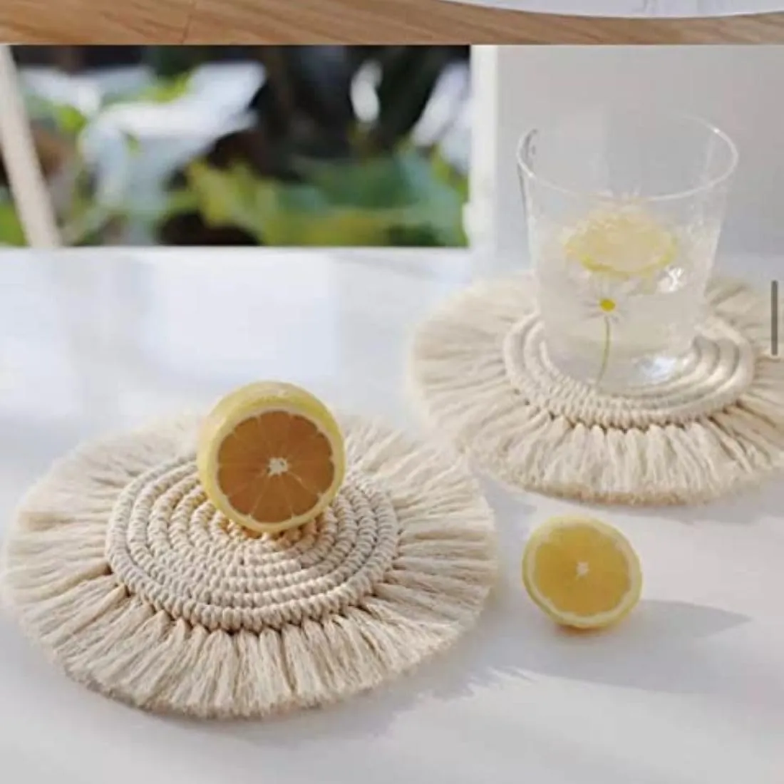 tms Cotton Boho Circle Macramã© Coaster With Fringe, Off-White, 15.24 Cm Diameter, Handcrafted, Decorative Drink Coasters, Natural Fibers, Table Decor Accessories 2 Piece