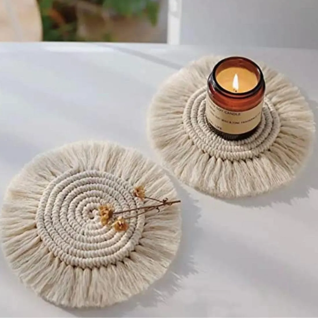 tms Cotton Boho Circle Macramã© Coaster With Fringe, Off-White, 15.24 Cm Diameter, Handcrafted, Decorative Drink Coasters, Natural Fibers, Table Decor Accessories 2 Piece