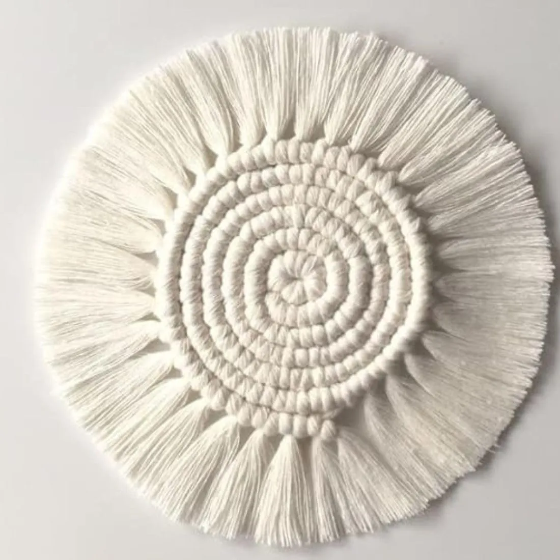 tms Cotton Boho Circle Macramã© Coaster With Fringe, Off-White, 15.24 Cm Diameter, Handcrafted, Decorative Drink Coasters, Natural Fibers, Table Decor Accessories 2 Piece