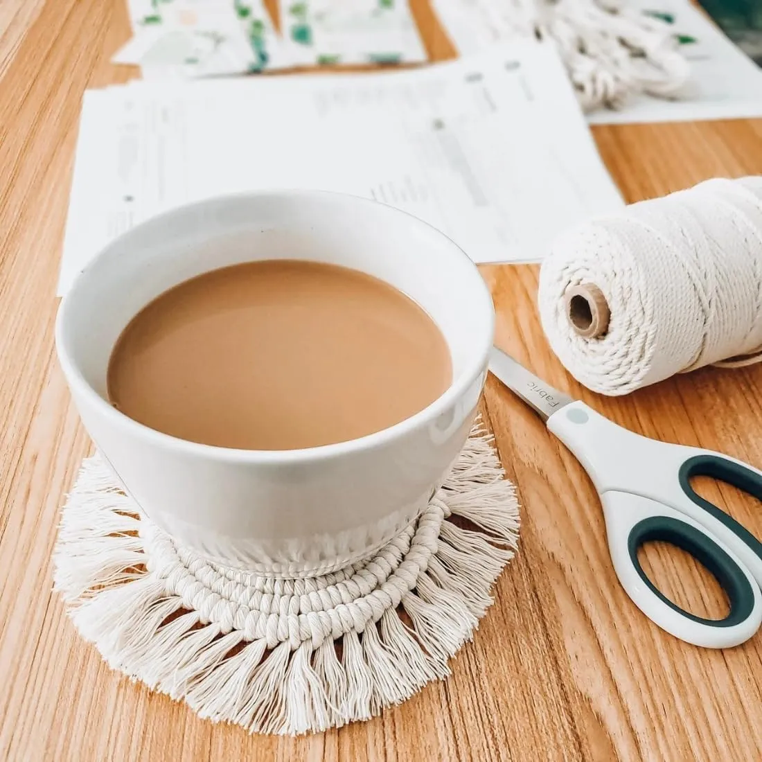 tms Cotton Boho Circle Macramã© Coaster With Fringe, Off-White, 15.24 Cm Diameter, Handcrafted, Decorative Drink Coasters, Natural Fibers, Table Decor Accessories 2 Piece