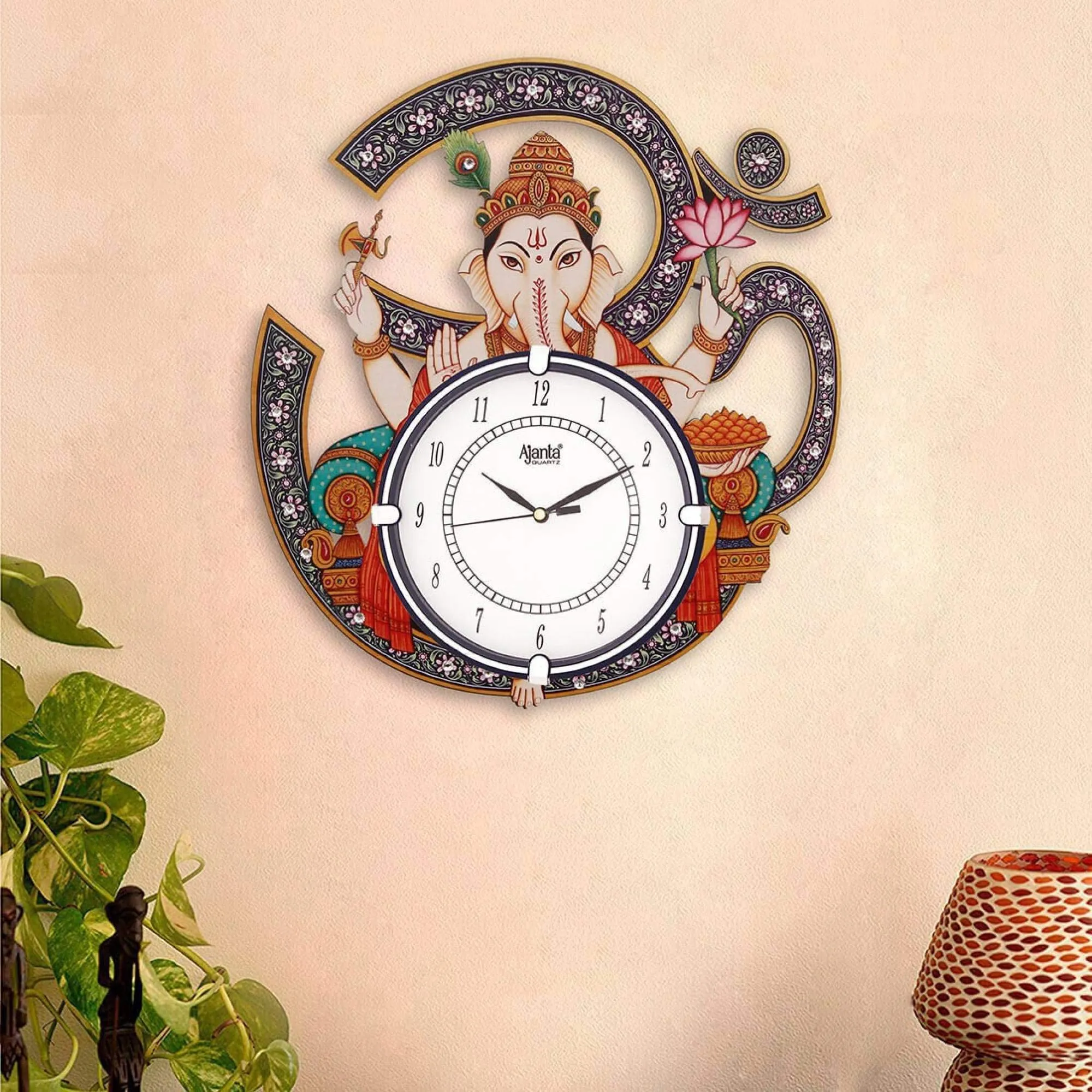 TONDWAL Shri Ganesha Design Wooden Wall Clock for Home, Antique & Designer Wall Clock for Living Room & Office Fancy Big Size (15 Inch) -SN 114