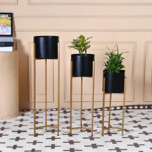 Urbane Home Planter | Gamla Stand for Home | Plant Stand for Living Room | Planter Pot Stand for Outdoor | Plant Stand for Home | Metal Floor Tall Indoor Plant Stand | Set of 3 | Black