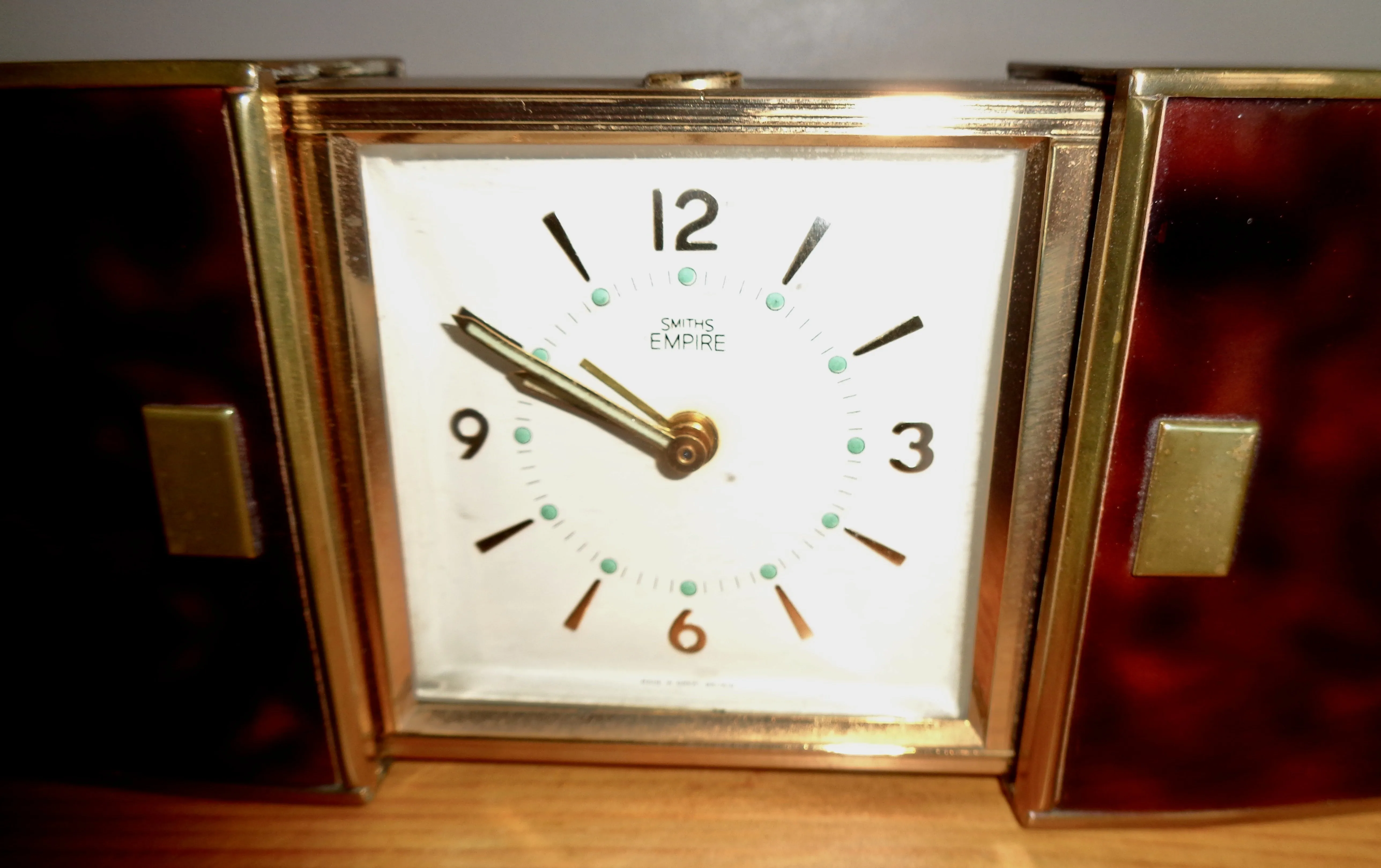 Vintage Smiths Empire Travel Alarm Clock In A Sliding Brass And Tortoise Shell Effect Case