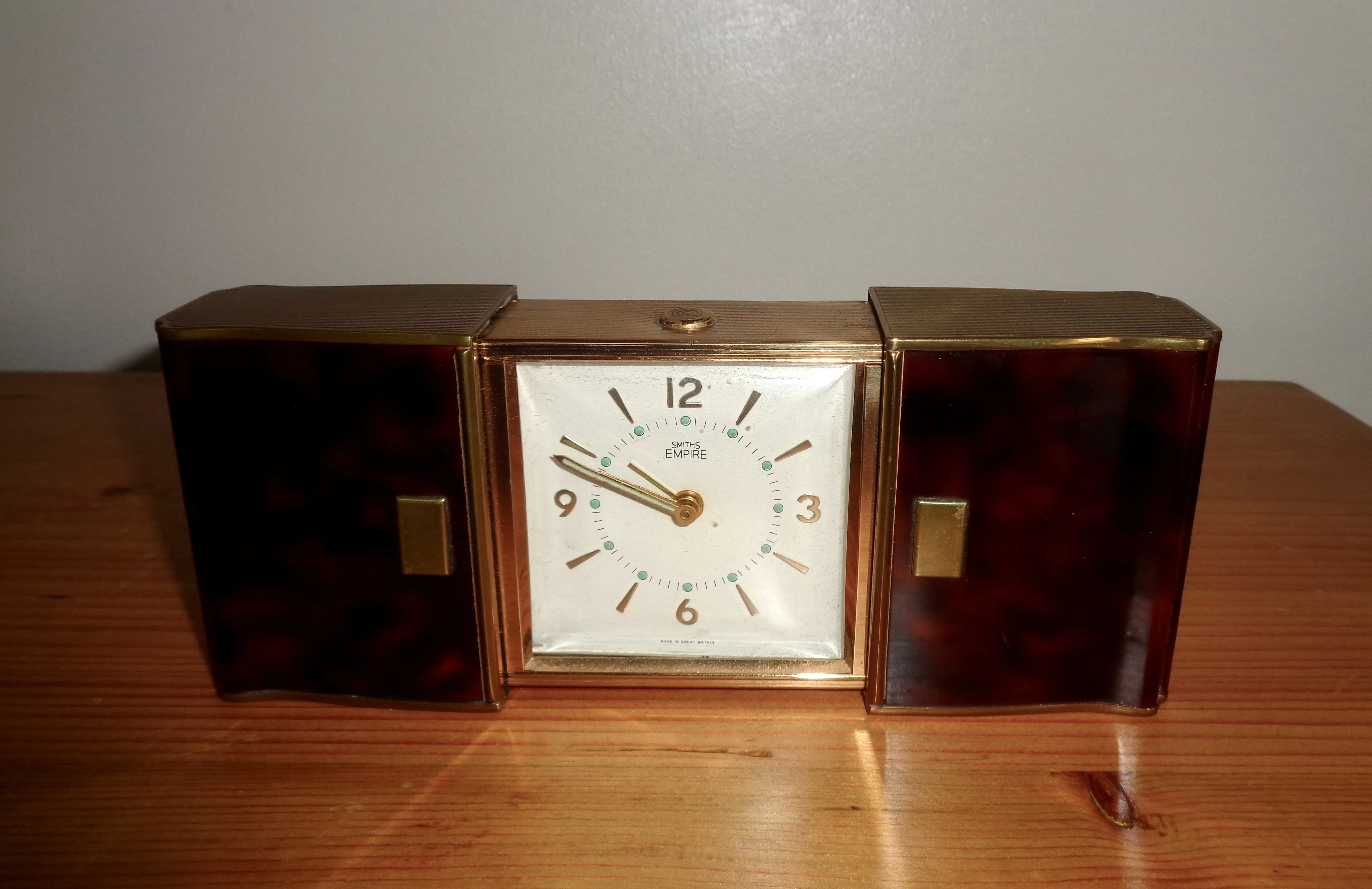 Vintage Smiths Empire Travel Alarm Clock In A Sliding Brass And Tortoise Shell Effect Case