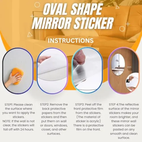 wolkwogg Oval Shape Adhesive Mirror Sticker for Wall On Tiles Bathroom Bedroom Living Room Basin Mirror Bathroom Wall Mirror Stickers Unbreakable Plastic Wall Mirror 20 X 30, Silver(2pcs)