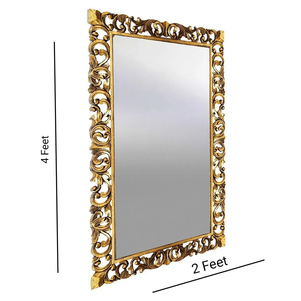 WOOD HOME DECORE Antique Style Decorative Wall Mirror Frame with Intricate Golden Handcarved Design, Size(60 x 120 cm) 4 feet by 2 feet Colour Antique Golden