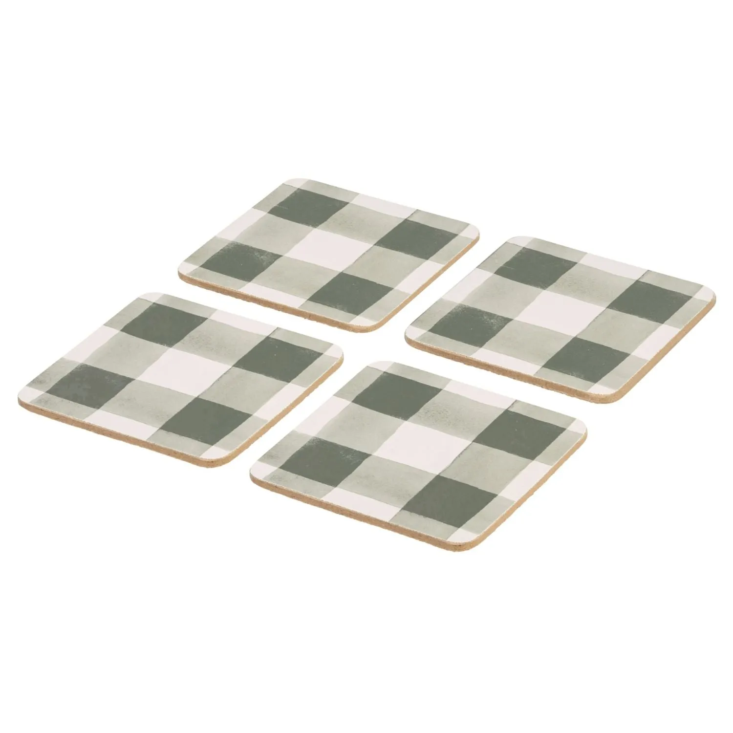 Woodbury Lane 4 Set of Gingham Green Cork Coasters